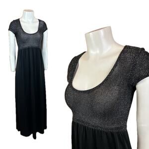 1970s Black Metallic Fitted Scoop neck Disco Maxi Dress / Juniors / Women’s XS *